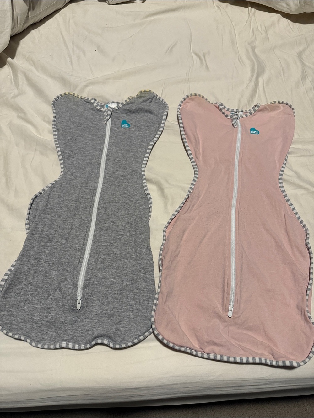 Love to dream dual-pack swaddle sleepers in gray and pink size SMALL